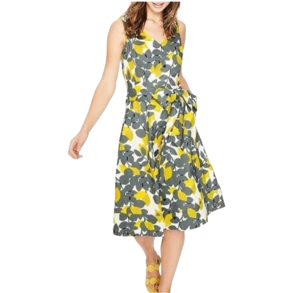 Boden Dresses & Skirts - Boden Jade Fit & Flare Linen Cotton Dress Lemon Print Lined V-neck Women Size 4L